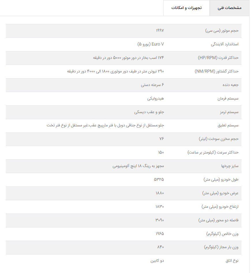 مشخصات فنی کی ام سی t8