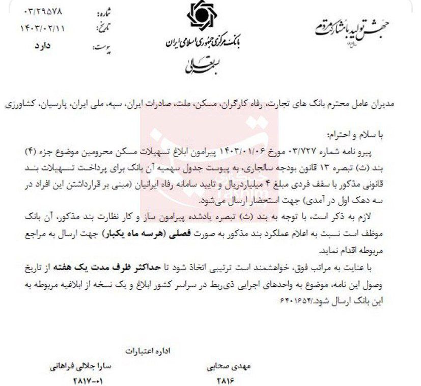ابلاغیه وام 400 میلیونی مسکن محرومین